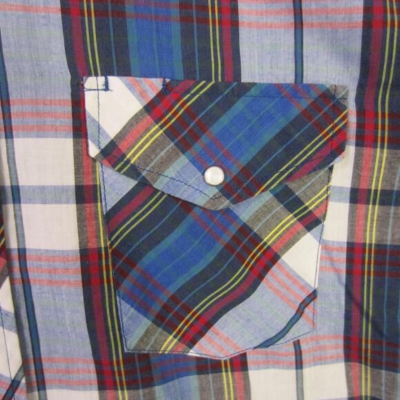 Open Trails Shirt Mens Large Blue Red Plaid Short Sleeve Western Pearl Snap - Picture 4 of 8